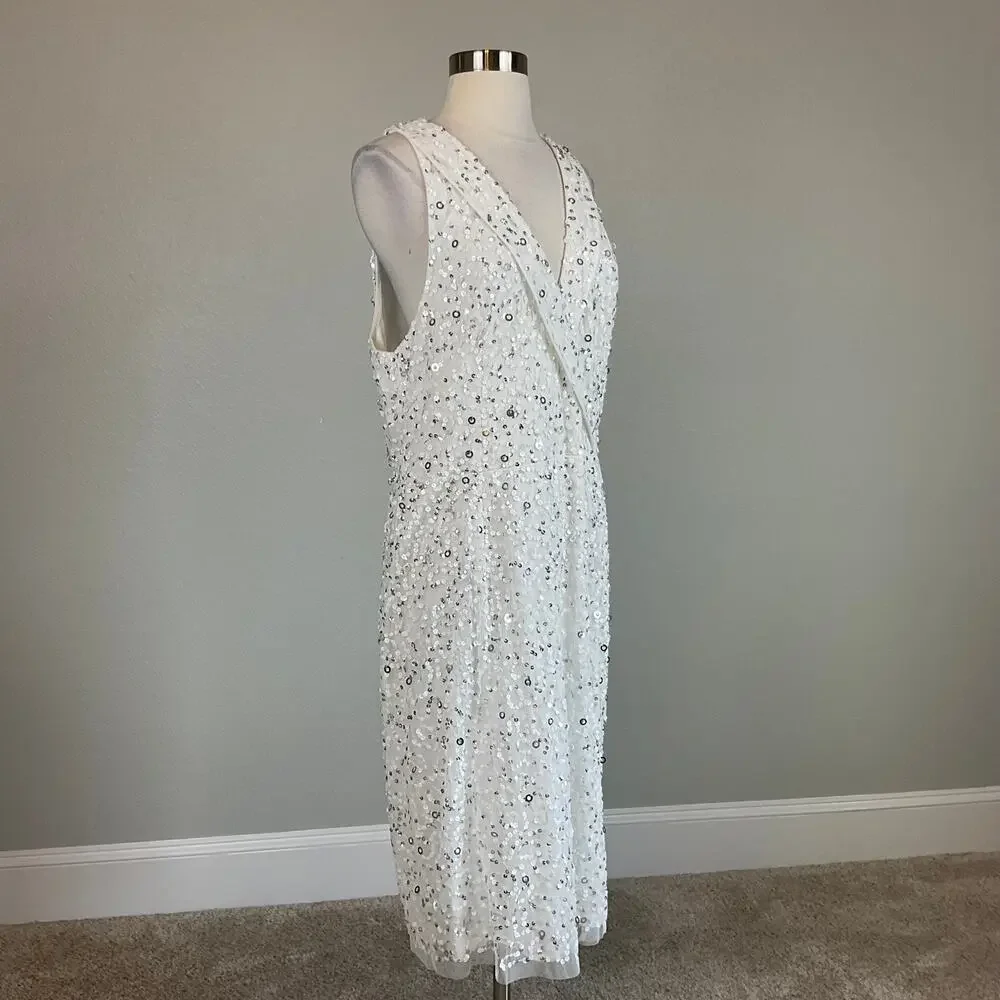 Adrianna Papell Sequin Sleeveless Sheath Cocktail Dress White and Silver Size 8 - Picture 3 of 13